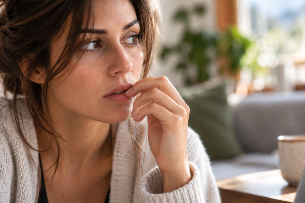 Woman with short natural nails touching a finger to her lips