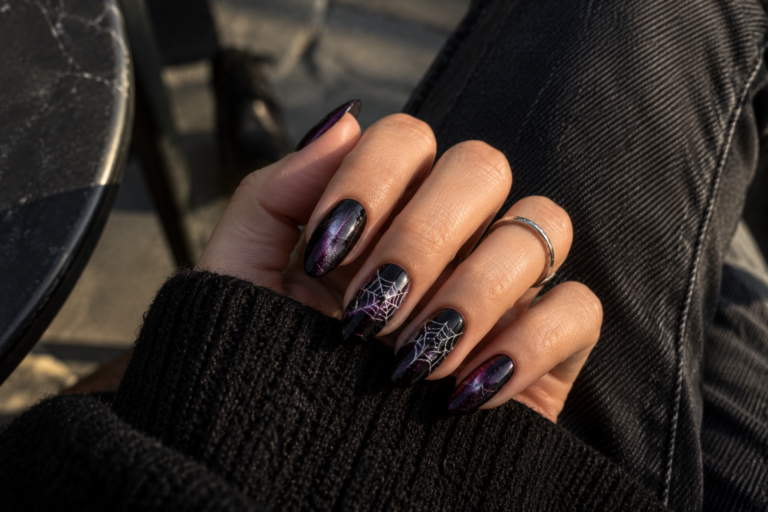 Black and purple cat-eye nails with silver spider-web designs