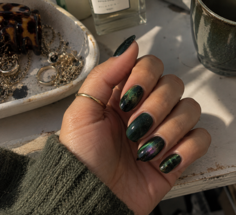 Deep green nails with a color-shifting magnetic shimmer